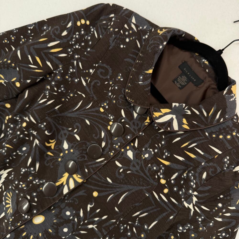 Silk Land Brown Leaf Patterned 100% Silk Button Up 3/4 Sleeve Jacket Blazer XL